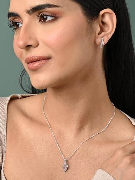 925 Sterling Silver Curl Pendant Earrings Chain Necklace Jewellery Set | Platinum Plated, Swiss Zirconia | Gift for Women and Girls - Rajputtrade