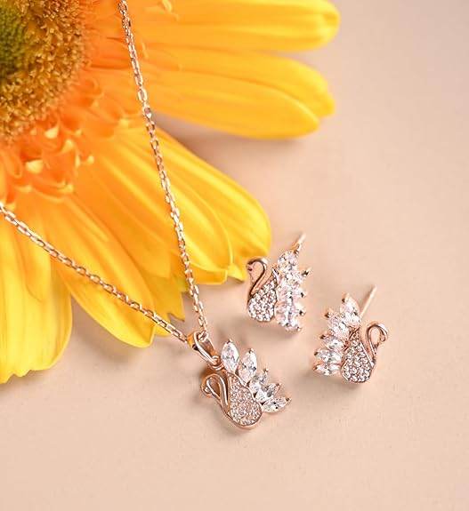 925 Sterling Silver Dancing Swan Pendant Earrings Chain Necklace Jewellery Set | Rose Gold Plated, Swiss Zirconia | Gift for Women and Girls - Rajputtrade