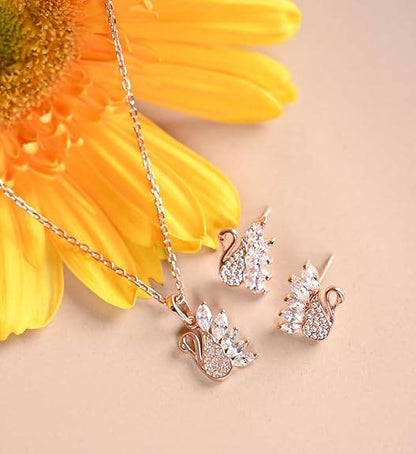 925 Sterling Silver Dancing Swan Pendant Earrings Chain Necklace Jewellery Set | Rose Gold Plated, Swiss Zirconia | Gift for Women and Girls - Rajputtrade