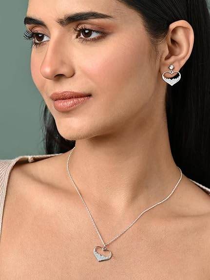 925 Sterling Silver Cuore Heart Pendant Earrings Chain Necklace Jewellery Set | Platinum Plated, Swiss Zirconia | Valentine Gift for Women and Girls - Rajputtrade