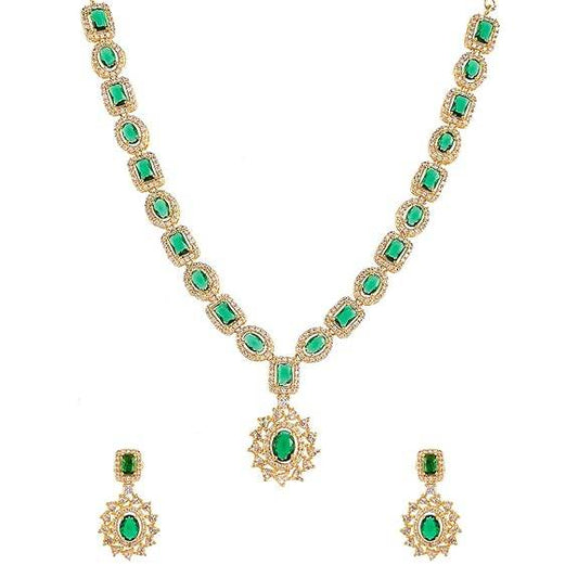 Elegance Cluster Setting Round and Oval Cut CZ Brass Gold Plated Jewellery Set (Green) - Rajputtrade