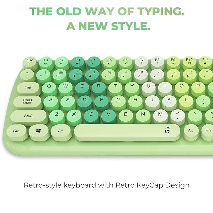 iGear KeyBee Retro Typewriter Inspired 2.4GHz Wireless Keyboard with Mouse Combo for Desktop/Laptop and Devices with USB Support, Single Nano Receiver, Round Keycaps, Cleaning Brush (White) (Green) - Rajputtrade