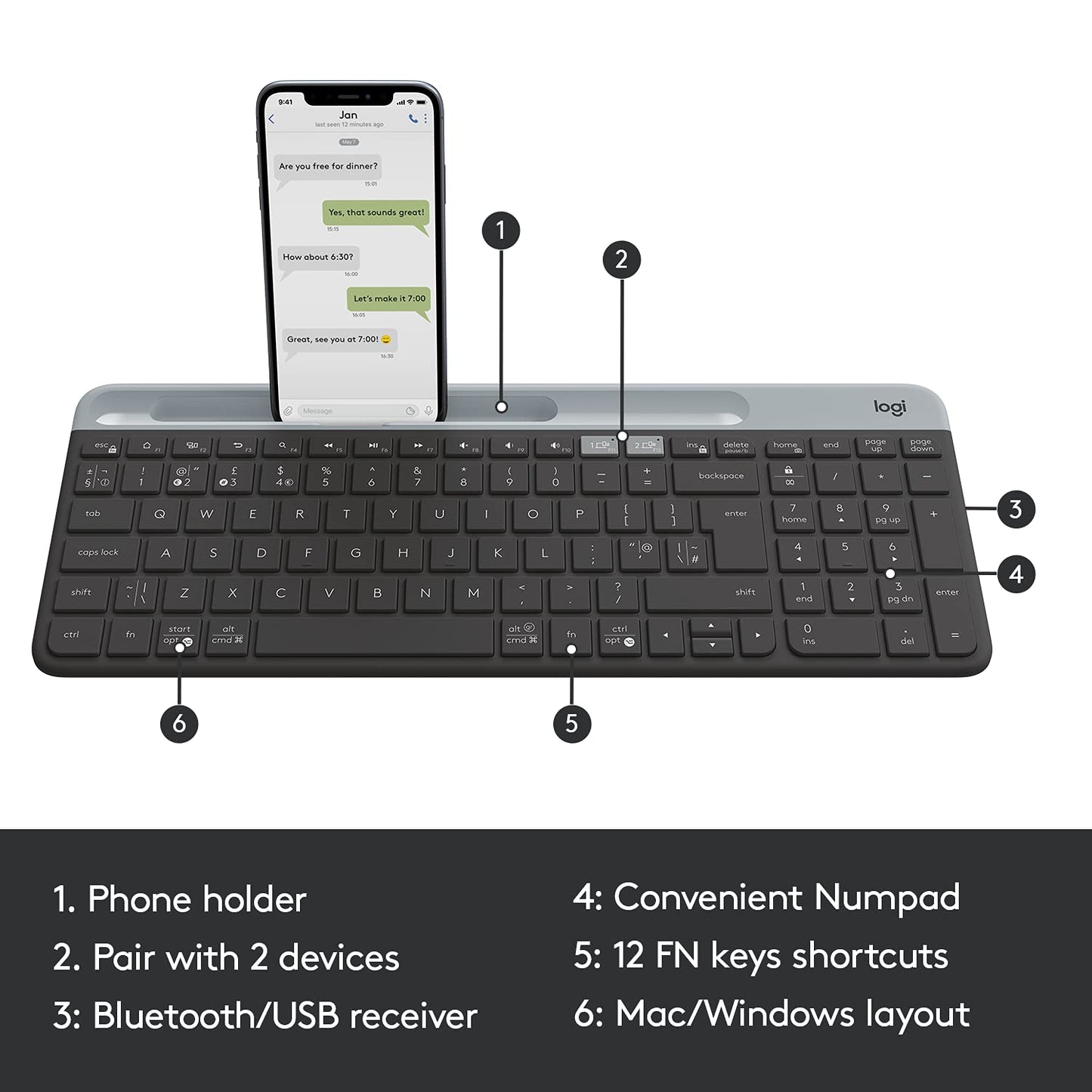 Logitech K580 Slim Multi-Device Wireless Keyboard Bluetooth/Receiver, Compact, Easy Switch, 24 Month Battery, Win/Mac, Desktop, Tablet, Smartphone, Laptop Compatible - Graphite - Rajputtrade