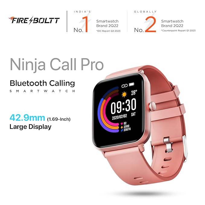 Fire-Boltt Ninja Call Pro Smart Watch Dual Chip Bluetooth Calling, 42.92mm (1.69 inch) Display (Pink) - Rajputtrade