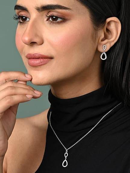 925 Sterling Silver Serenity Pendant Earrings Chain Necklace Jewellery Set | Platinum Plated, Swiss Zirconia | Gift for Women and Girls - Rajputtrade