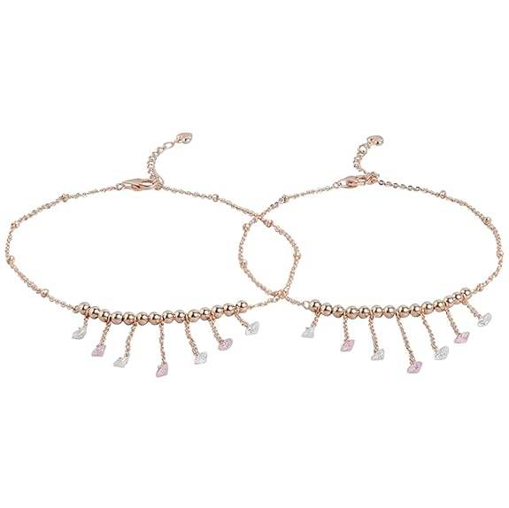925 Sterling Silver Multicolour Cubic Zirconia CZ Chain Drops Rose Gold Plated Adjustable Beaded Chain Anklets (Pair) | Gift for Women and Girls | - Rajputtrade