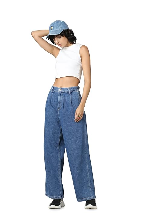 Women's Loose Jeans, Medium Blue Denim (Size L) - Rajputtrade
