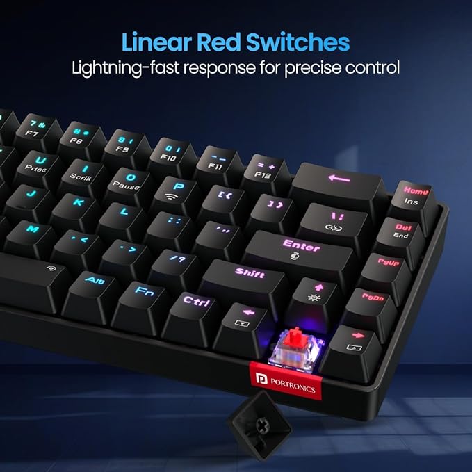 Portronics Hydra 10 Wireless Mechanical Gaming Keyboard with Bluetooth & 2.4 GHz Wireless, Red Switches, Multi-Device Pairing, TKL Compact Size, Multi-Colour Backlight, for Laptop & PC (Black) - Rajputtrade