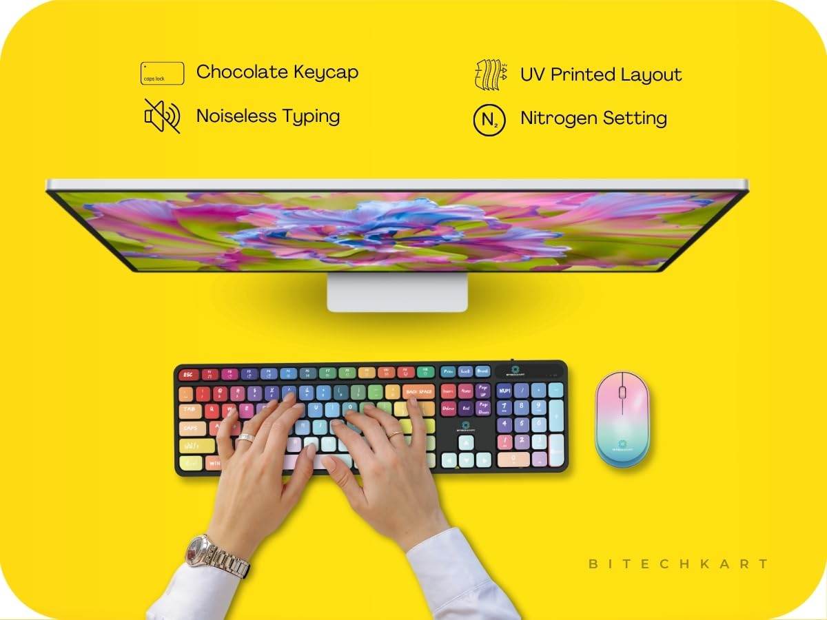 BITECHKART Wireless Keyboard and Mouse Combo with Chocolate Keycaps| 104 Keys |2.4 GHz |Multicolor Keys Fabricated with Nitrogen Setting Technology |DPI 1600 |Windows,MacOS,Laptop,PC,DOS,Linux |Black - Rajputtrade