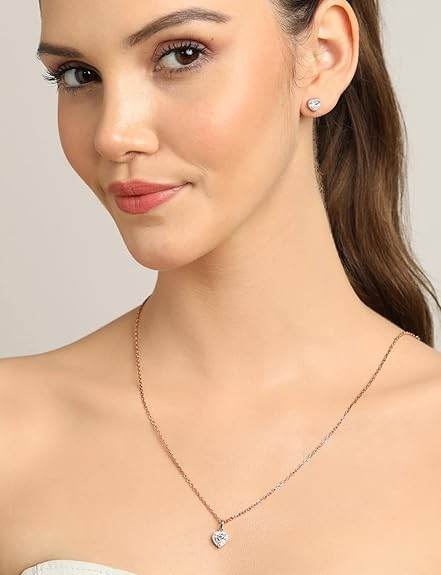925 Sterling Silver Heart Solitaire Pendant Earring Chain Jewellery Set | Rose Gold Rhodium Plated, Swiss Zirconia | Gift for Women & Girls - Rajputtrade