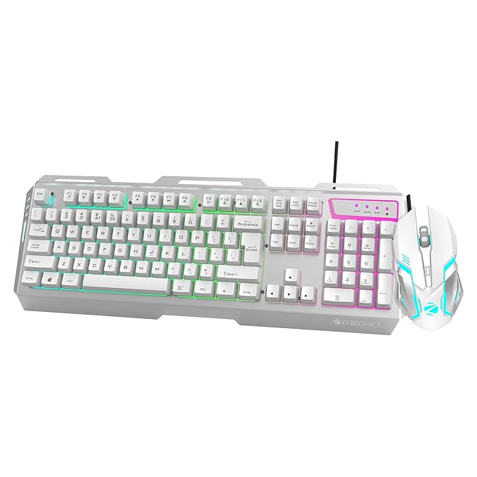 Zebronics Transformer Gaming Keyboard and Mouse Combo,Braided Cable,Durable Al body,Multimedia keys and Gaming Mouse with 6 Buttons, Multi-Color LED Lights, High-Resolution Sensor with 3200 DPI(white) - Rajputtrade