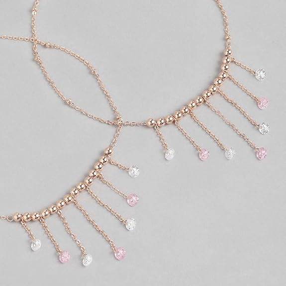 925 Sterling Silver Multicolour Cubic Zirconia CZ Chain Drops Rose Gold Plated Adjustable Beaded Chain Anklets (Pair) | Gift for Women and Girls | - Rajputtrade