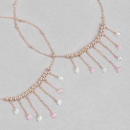 925 Sterling Silver Multicolour Cubic Zirconia CZ Chain Drops Rose Gold Plated Adjustable Beaded Chain Anklets (Pair) | Gift for Women and Girls | - Rajputtrade