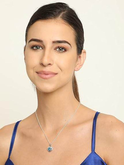 925 Sterling Silver Sky Blue Heart Pendant Earring Chain Jewellery Set | Rhodium Plated, Swiss Zirconia | Gift for Women & Girls - Rajputtrade