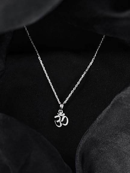 925 Sterling Silver Shine Om Pendant Necklace for Men & Women | With or Without Chain | Religious, Platinum Plated. Swiss Zircon - Rajputtrade