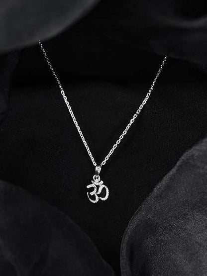 925 Sterling Silver Shine Om Pendant Necklace for Men & Women | With or Without Chain | Religious, Platinum Plated. Swiss Zircon - Rajputtrade