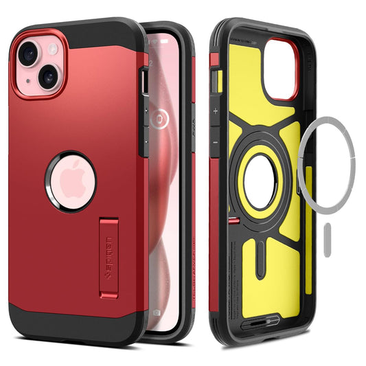 Spigen Tough Armor MagFit Back Cover Case Compatible with iPhone 15 (TPU + Poly Carbonate | Red)