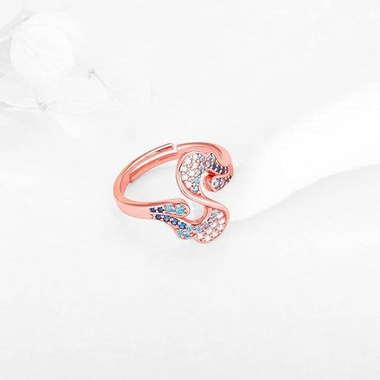 925 Silver Rose Gold Zircon Studded Waves Ring, Adjustable | Gifts for Women and Girls - Rajputtrade