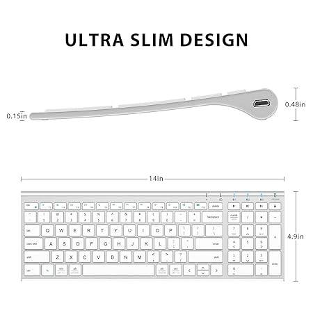 Bluetooth Keyboard BK10, Multi-Device Rechargeable Wireless Keyboard with Number Pad, Ergonomic Design, Ultra-Thin, Minimalist Design Keyboard for Windows iPad iPhone Tablet, Sliver - Rajputtrade