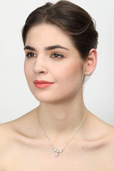 925 Sterling Silver Lily Pendant Earring Chain Jewellery Set | Platinum Plated, Swiss Zirconia | Gift for Women & Girls - Rajputtrade