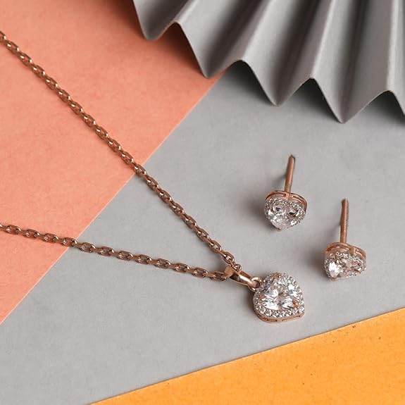 925 Sterling Silver Heart Solitaire Pendant Earring Chain Jewellery Set | Rose Gold Rhodium Plated, Swiss Zirconia | Gift for Women & Girls - Rajputtrade