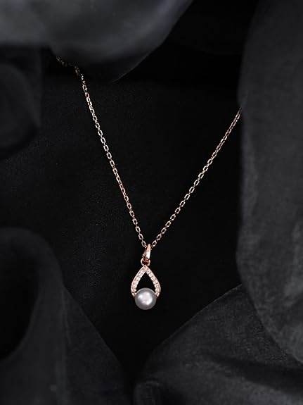 925 Sterling Silver Kashm Freshwater Pearl Pendant Chain Necklace Jewellery Set | Rose Gold Plated, Swiss Zirconia |Gift for Women and Girls - Rajputtrade
