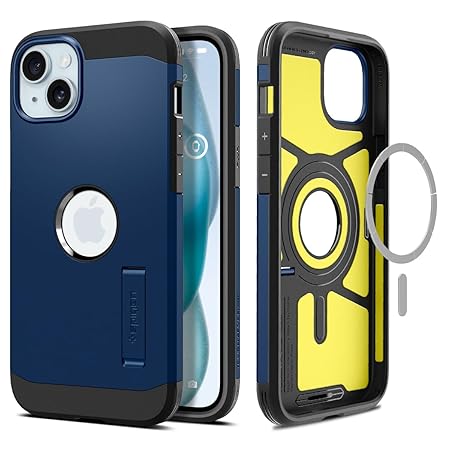 Spigen Tough Armor MagFit Back Cover Case Compatible with iPhone 15 (TPU + Poly Carbonate | Navy Blue)