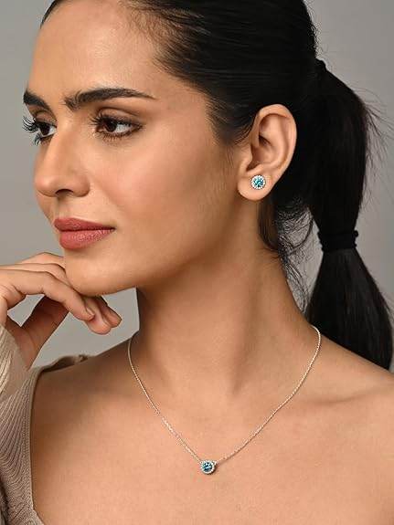 925 Sterling Silver Orsa Blue Solitaire Pendant Earrings Chain Necklace Jewellery Set | Platinum Plated, Swiss Zirconia |Gift for Women and Girls - Rajputtrade