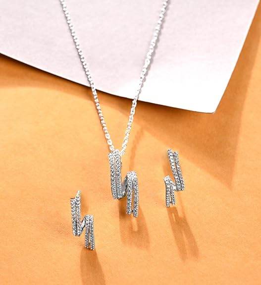 925 Sterling Silver Curl Pendant Earrings Chain Necklace Jewellery Set | Platinum Plated, Swiss Zirconia | Gift for Women and Girls - Rajputtrade