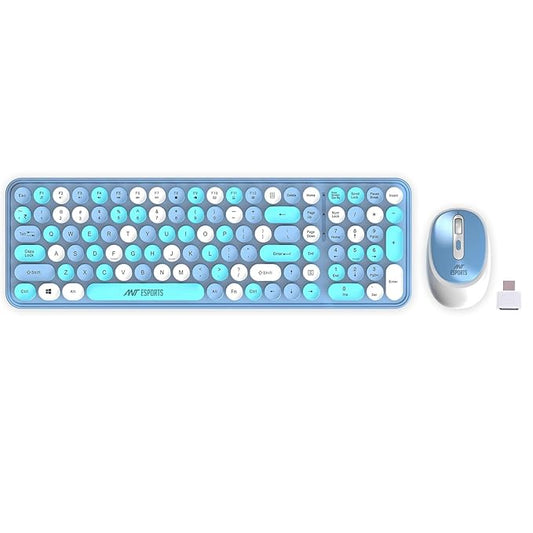 Ant Esports WKM44 Keyboard and Mouse Combo, Sea Blue Colourful Wireless Keyboard with Round Keycaps,2.4GHz Dropout-Free Connection, Long Battery Life, Cute Wireless Mouse for PC/Laptop/Computer -Blue