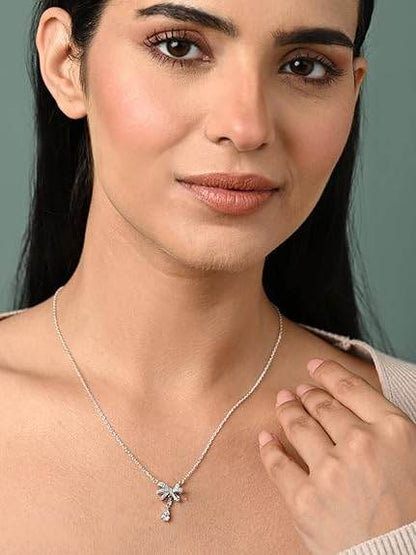 925 Sterling Silver Bow Knot Pendant Chain Necklace Jewellery Set | Platinum Plated, Swiss Zirconia | Classy Gift for Women and Girls - Rajputtrade