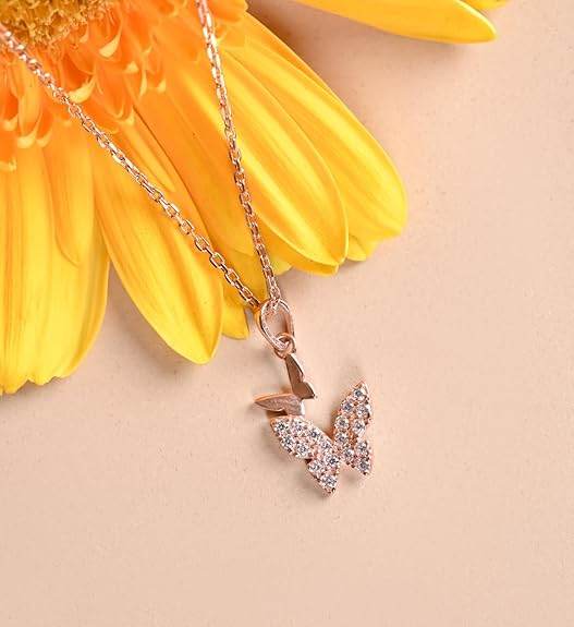 925 Sterling Silver Fairy Butterfly Pendant Earrings Chain Necklace Jewellery Set | Rose Gold Plated, Swiss Zirconia | Gift for Women and Girls - Rajputtrade