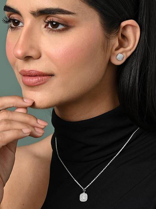 925 Sterling Silver Queen of Diamonds Pendant Earrings Chain Necklace Jewellery Set | Platinum Plated, Swiss Zirconia | Gift for Women and Girls - Rajputtrade