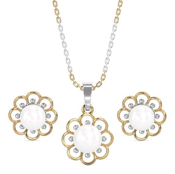 925 Sterling Silver Pearl Lotus Pendant Earring Chain Jewellery Set | Gold Rhodium Plated | Gift for Women & Girls - Rajputtrade