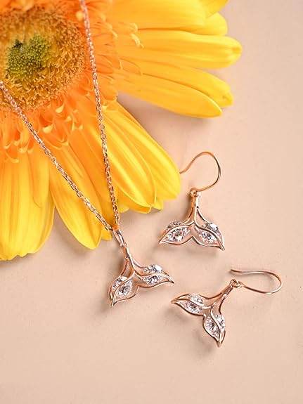 925 Sterling Silver Whale Tail Pendant Earrings Chain Necklace Jewellery Set | Rose Gold Plated, Swiss Zirconia |Gift for Women and Girls - Rajputtrade