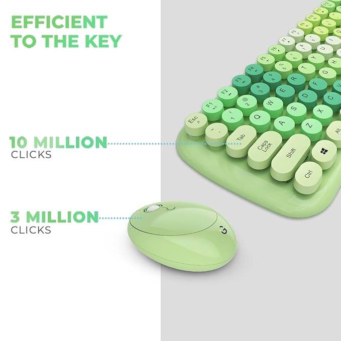 iGear KeyBee Retro Typewriter Inspired 2.4GHz Wireless Keyboard with Mouse Combo for Desktop/Laptop and Devices with USB Support, Single Nano Receiver, Round Keycaps, Cleaning Brush (White) (Green) - Rajputtrade