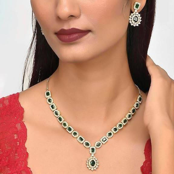 Elegance Cluster Setting Round and Oval Cut CZ Brass Gold Plated Jewellery Set (Green) - Rajputtrade