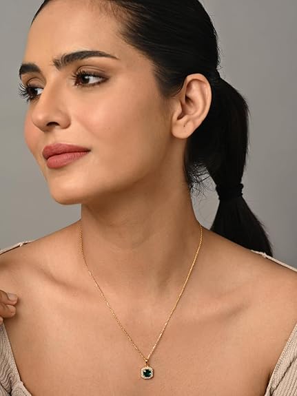 925 Sterling Silver Amati Green Solitaire Pendant Earrings Chain Necklace Jewellery Set | Gold Plated, Swiss Zirconia |Gift for Women and Girls