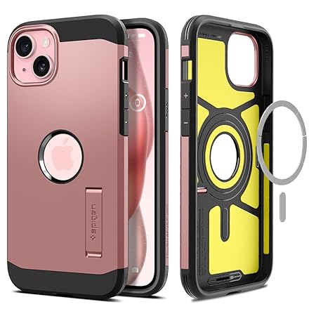 Spigen Tough Armor MagFit Back Cover Case Compatible with iPhone 15 (TPU + Poly Carbonate | Rose Gold)