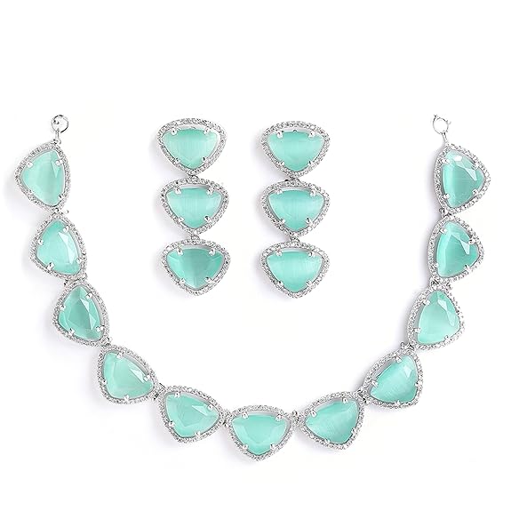 Silver Toned Triangular Shaped American Diamond Studded Jewellery Set For Women and Girl (Sea Green) - Rajputtrade