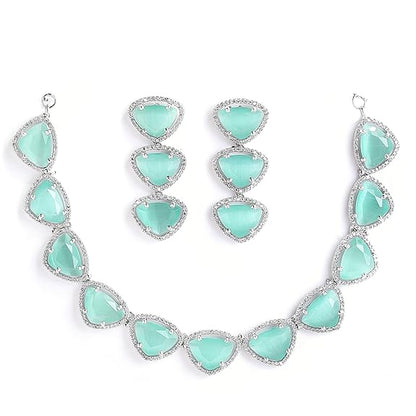 Silver Toned Triangular Shaped American Diamond Studded Jewellery Set For Women and Girl (Sea Green) - Rajputtrade