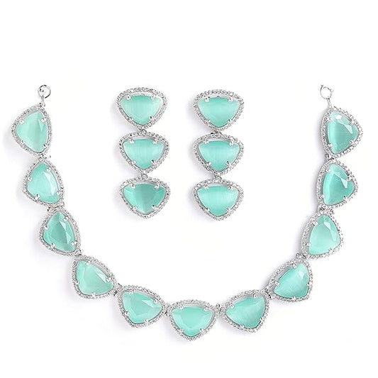 Silver Toned Triangular Shaped American Diamond Studded Jewellery Set For Women and Girl (Sea Green) - Rajputtrade