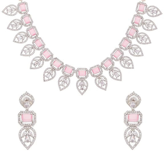 Jewellery Set Leaf Style AD/ Rose Gold Plated Handcrafted Circle Necklace Set for Women & Girls (Pink White) - Rajputtrade