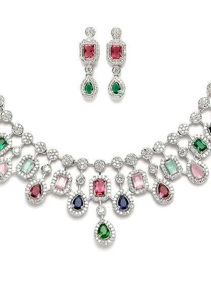 Silver Toned American Diamond Studded Jewellery Set for Women (Multicolor) - Rajputtrade