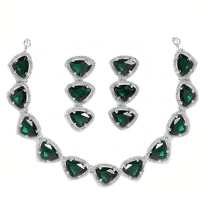 Silver Toned Triangular Shaped American Diamond Studded Jewellery Set For Women and Girl (Green) - Rajputtrade