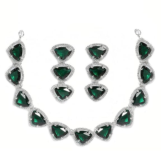 Silver Toned Triangular Shaped American Diamond Studded Jewellery Set For Women and Girl (Green) - Rajputtrade