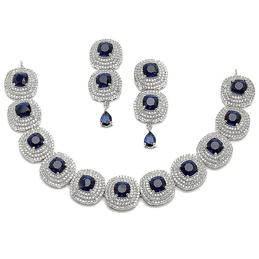 Silver Toned Triangular Shaped American Diamond Studded Jewellery Set For Women and Girl (Blue) - Rajputtrade