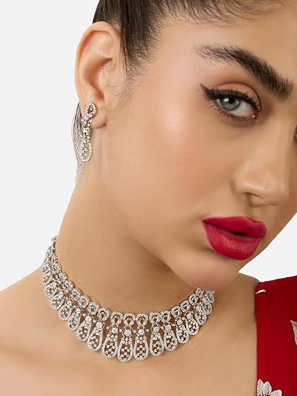 Silver Tone Dazzling Cubic Zirconia Brass Choker Necklace and Earring Set For Women - Rajputtrade