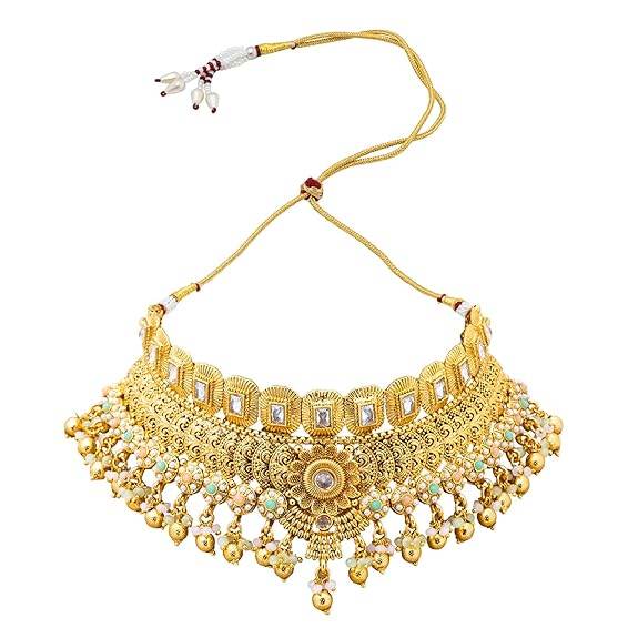 Gold Plated Matte Forming One Gram Gold Haram Traditional Kundan, Choker Jewellery/Jewelry Necklace Set For Women - Rajputtrade