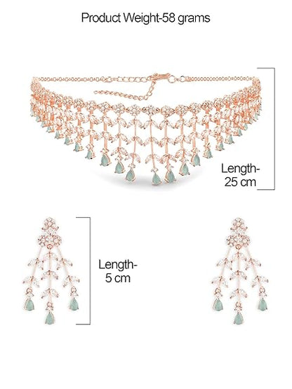 Mint Green Dazzling Cubic Zirconia Designer Brass Necklace Earring Set For Women - Rajputtrade